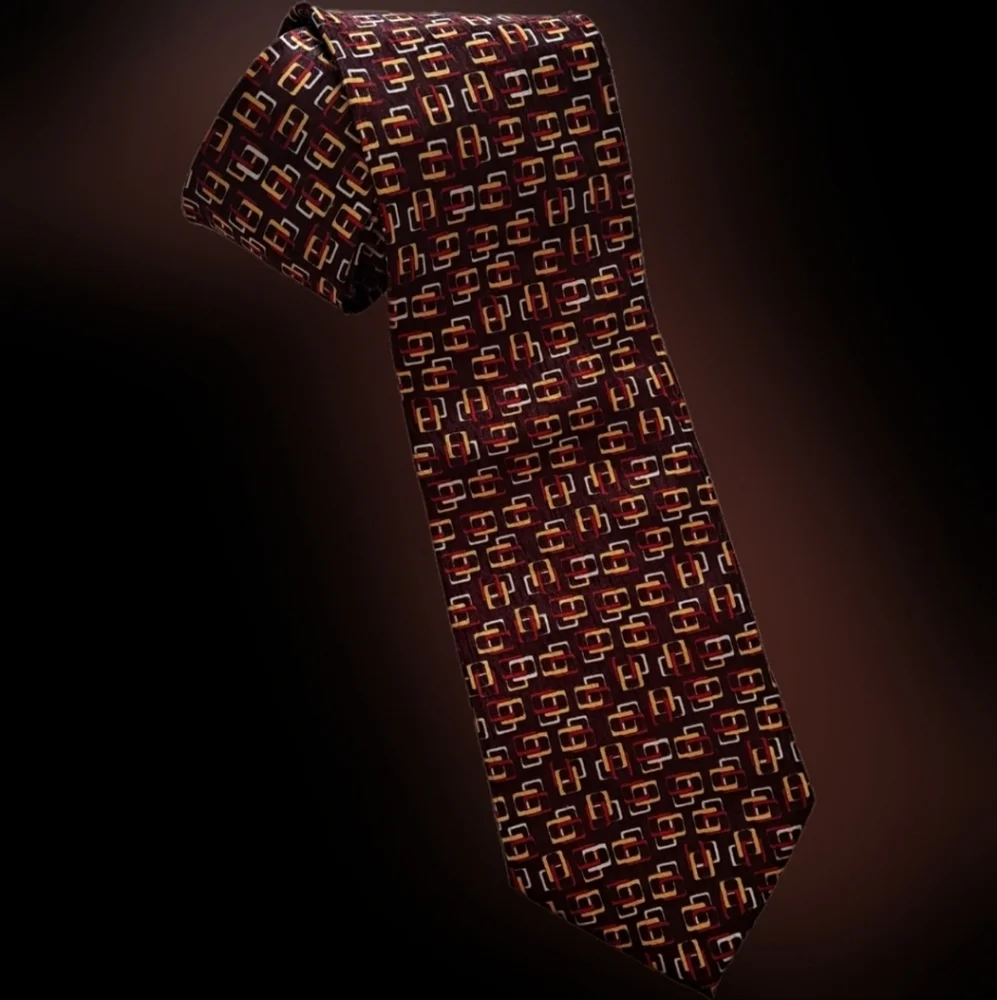 LeVieux Commandant Silk Brown Gold White Red Interlock Squares Tie